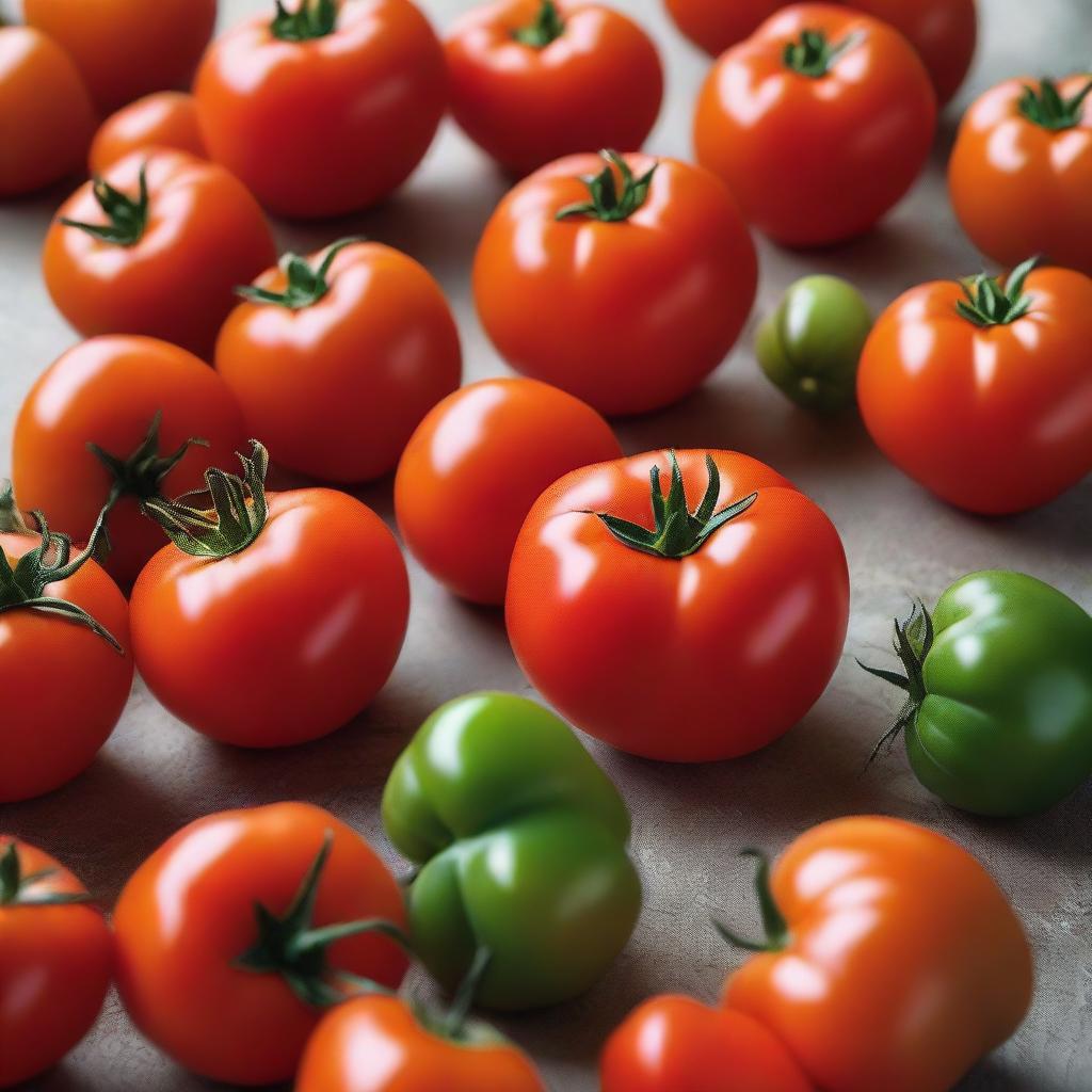 A vivid, ripe tomato with a glossy surface, bathed in natural light. Its perfectly round shape and plump form symbolize peak ripeness.