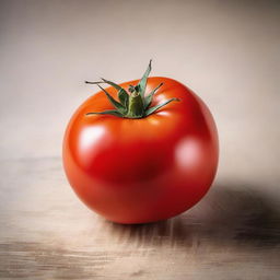 A vibrant, ripe tomato with a glossy surface, shining under natural light. Its round and plump form, beautifully cut, signals its peak ripeness.