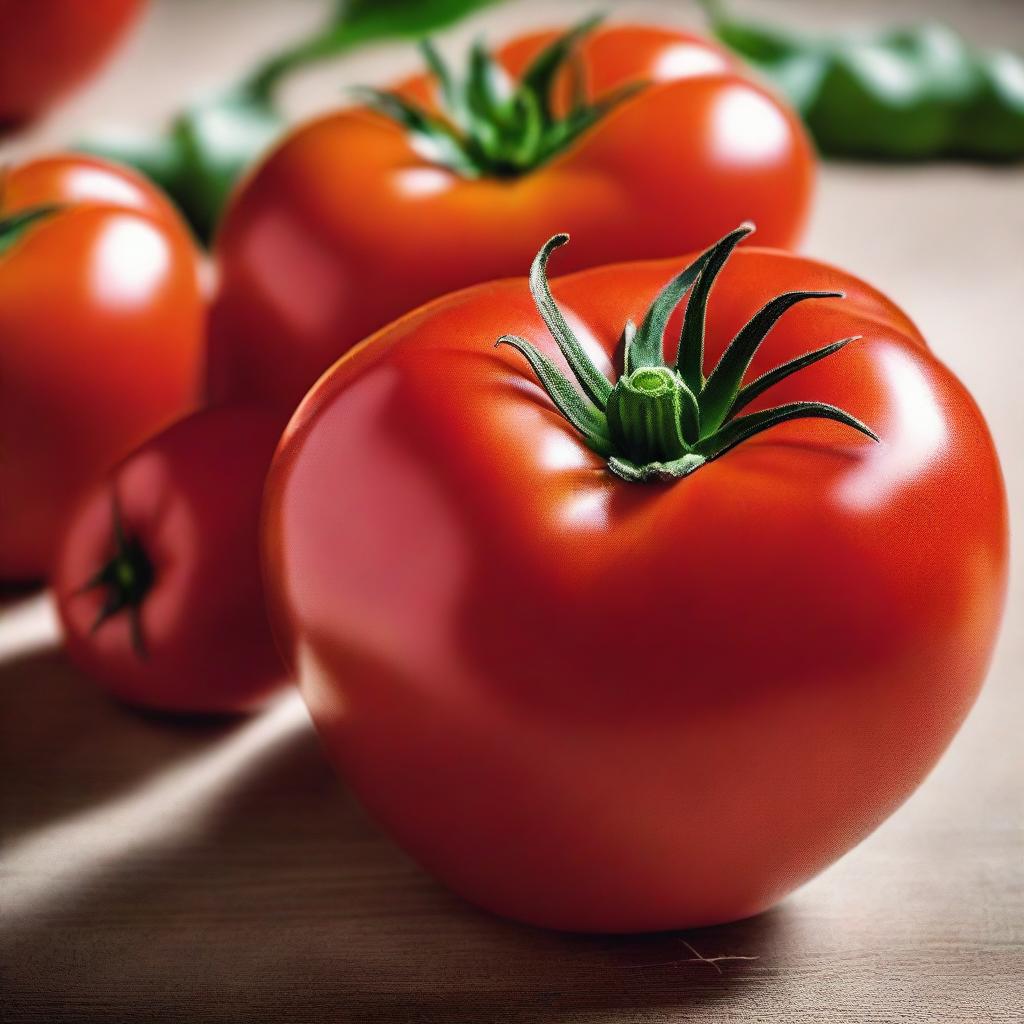 A vibrant, ripe tomato with a glossy surface, shining under natural light. Its round and plump form, beautifully cut, signals its peak ripeness.