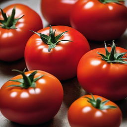 A vibrant, ripe tomato with a glossy surface, shining under natural light. Its round and plump form, beautifully cut, signals its peak ripeness.