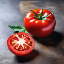 A vibrant red tomato, perfectly cut, showcasing its ripe and juicy interior.