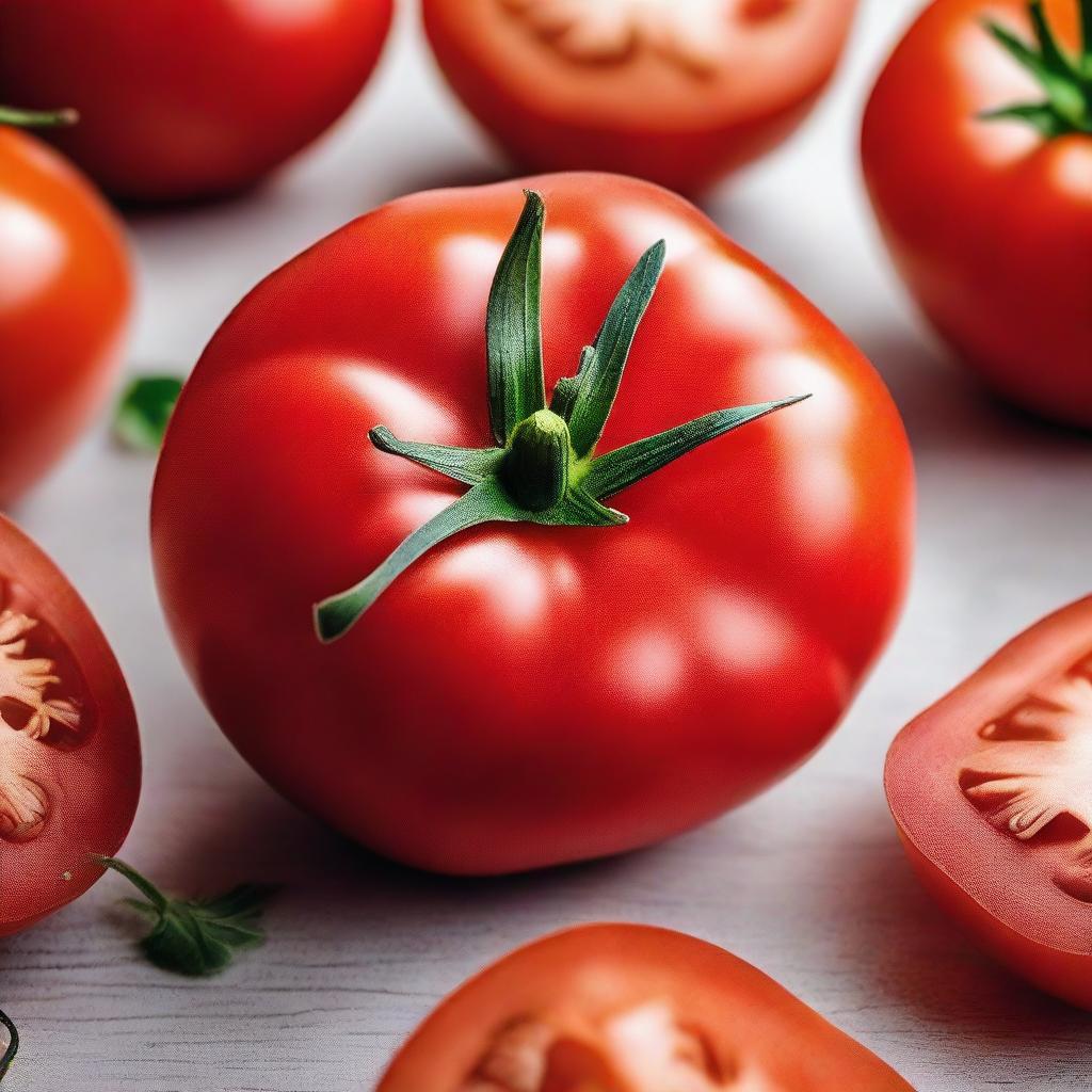 A vibrant red tomato, perfectly cut, showcasing its ripe and juicy interior.