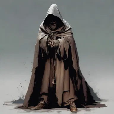 The mysterious wizard appeared out of nowhere, wearing a tattered and worn hooded cloak.