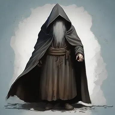 The mysterious wizard appeared out of nowhere, wearing a tattered and worn hooded cloak.