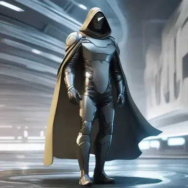 The futuristic spaceship captain was equipped with a high-tech hooded cloak that could provide camouflage and enhance visibility.