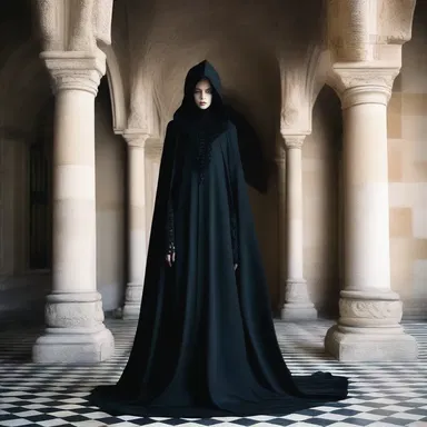 The gothic-inspired castle's grand entrance featured a dramatic figure adorned with a hooded cloak, adding an air of mystery to the design.