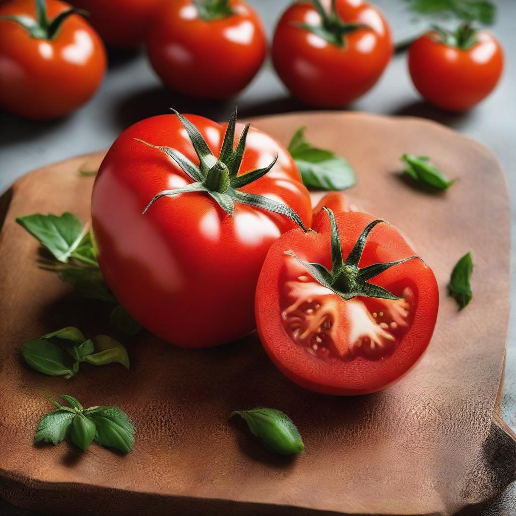 A vibrant red tomato, perfectly cut, showcasing its ripe and juicy interior.