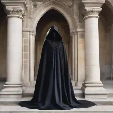 The gothic-inspired castle's grand entrance featured a dramatic figure adorned with a hooded cloak, adding an air of mystery to the design.