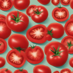 A round, ripe tomato, perfectly cut to display its juicy interior and vibrant red color.