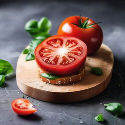 A juicy red tomato, sliced to perfection for burger assembly - vibrant, fresh, and eager to add a flavourful burst to the culinary creation.