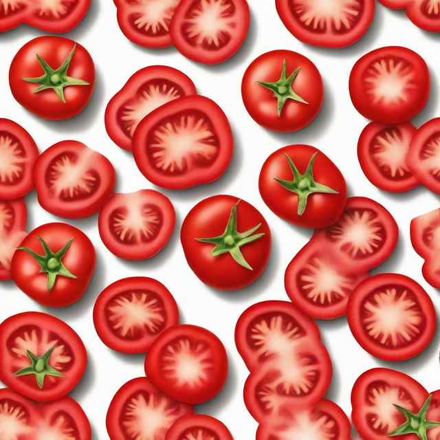 A single, perfectly sliced tomato showcasing its vibrant red color and juicy interior.