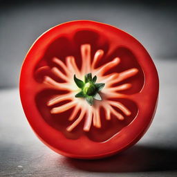 A single, perfectly sliced tomato showcasing its vibrant red color and juicy interior.