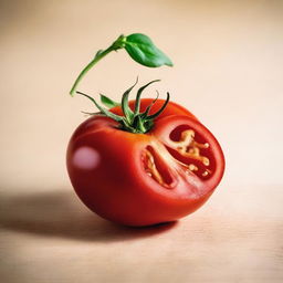 A single, perfectly sliced tomato showcasing its vibrant red color and juicy interior.