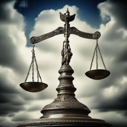 Symbolic representation of 'Judgement'. Centred in the image, place an ancient and ornate scale balanced perfectly, set against a backdrop of a vast courthouse or temple, under an imposing sky.