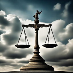 Symbolic representation of 'Judgement'. Centred in the image, place an ancient and ornate scale balanced perfectly, set against a backdrop of a vast courthouse or temple, under an imposing sky.