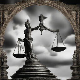 Symbolic representation of 'Judgement'. Centred in the image, place an ancient and ornate scale balanced perfectly, set against a backdrop of a vast courthouse or temple, under an imposing sky.