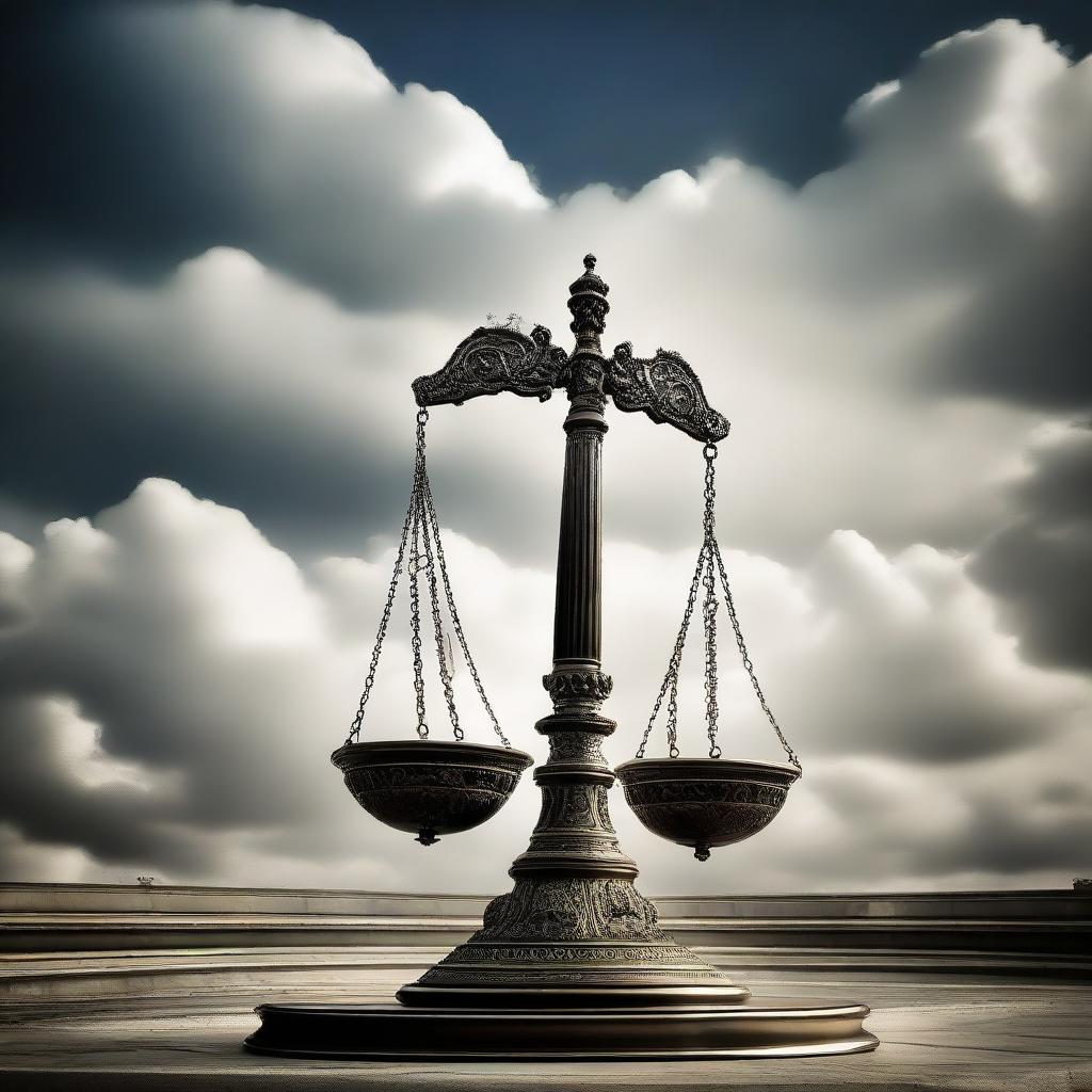 Symbolic representation of 'Judgement'. Centred in the image, place an ancient and ornate scale balanced perfectly, set against a backdrop of a vast courthouse or temple, under an imposing sky.