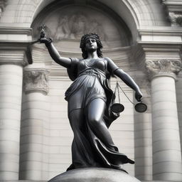 A powerful portrayal of 'Justice'. Center the image on the statue of Lady Justice, blindfolded and holding scales in balance and a sword, symbolizing impartiality and fairness, against the backdrop of a grand courthouse.