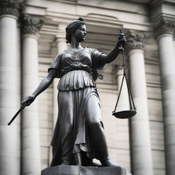 A powerful portrayal of 'Justice'. Center the image on the statue of Lady Justice, blindfolded and holding scales in balance and a sword, symbolizing impartiality and fairness, against the backdrop of a grand courthouse.