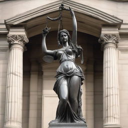 A powerful portrayal of 'Justice'. Center the image on the statue of Lady Justice, blindfolded and holding scales in balance and a sword, symbolizing impartiality and fairness, against the backdrop of a grand courthouse.