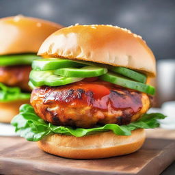 A mouthwatering image of a succulent grilled chicken patty, seasoned to perfection, embraced by soft, fresh burger buns. The juicy and savory patty serving as the perfect centerpiece to a tantalizing burger experience.