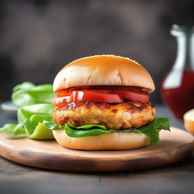 A mouthwatering image of a succulent grilled chicken patty, seasoned to perfection, embraced by soft, fresh burger buns. The juicy and savory patty serving as the perfect centerpiece to a tantalizing burger experience.