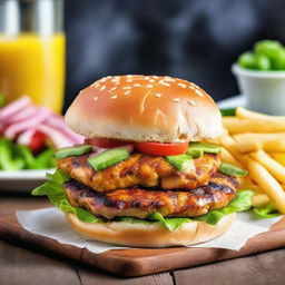 A mouthwatering image of a succulent grilled chicken patty, seasoned to perfection, embraced by soft, fresh burger buns. The juicy and savory patty serving as the perfect centerpiece to a tantalizing burger experience.