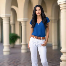 A slender, tan-skinned Latina woman with long black hair and captivating blue eyes. She is elegantly dressed in a blue top and white pants, exuding confidence and style.