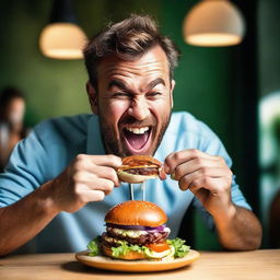 A visually dynamic image of a man at a table, enthusiastically biting into a succulent burger, his face lit up with satisfaction and joy, capturing the delight of indulging in a delectable meal.