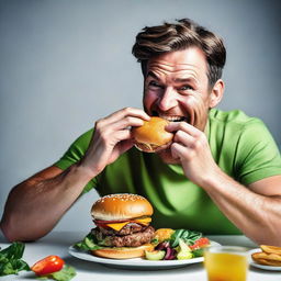 A visually dynamic image of a man at a table, enthusiastically biting into a succulent burger, his face lit up with satisfaction and joy, capturing the delight of indulging in a delectable meal.