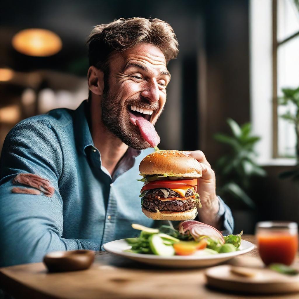 A visually dynamic image of a man at a table, enthusiastically biting into a succulent burger, his face lit up with satisfaction and joy, capturing the delight of indulging in a delectable meal.