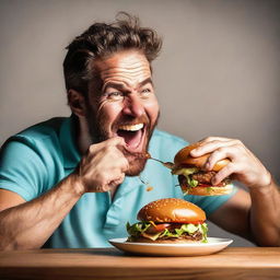 A visually dynamic image of a man at a table, enthusiastically biting into a succulent burger, his face lit up with satisfaction and joy, capturing the delight of indulging in a delectable meal.