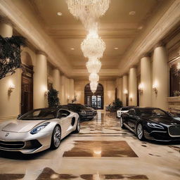 An extravagant representation of a millionaire lifestyle presented through luxury cars, grand mansions, top-notch fashion, and gourmet food expressing opulence and wealth.