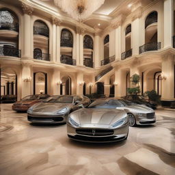 An extravagant representation of a millionaire lifestyle presented through luxury cars, grand mansions, top-notch fashion, and gourmet food expressing opulence and wealth.