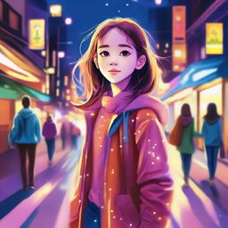 A young girl strolling down a vibrant city street, her eyes illuminated by the shimmering street lights