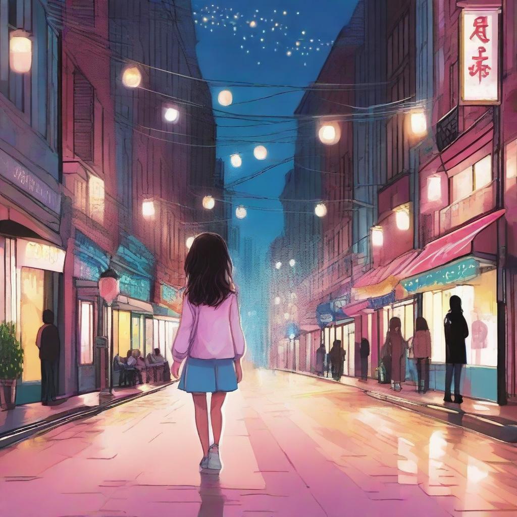 A young girl strolling down a vibrant city street, her eyes illuminated by the shimmering street lights