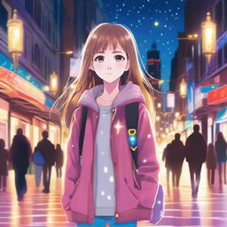 A young girl strolling down a vibrant city street, her eyes illuminated by the shimmering street lights