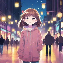 A young girl strolling down a vibrant city street, her eyes illuminated by the shimmering street lights