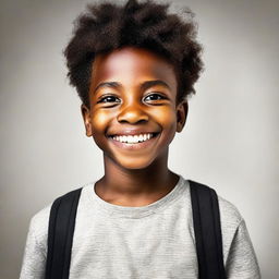 A handsome, youthful black boy with a radiant smile contrasted by a curious expression of anger.