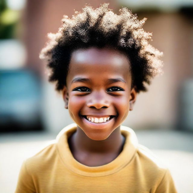 A handsome, youthful black boy with a radiant smile contrasted by a curious expression of anger.