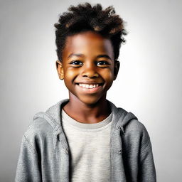 A handsome, youthful black boy with a radiant smile contrasted by a curious expression of anger.