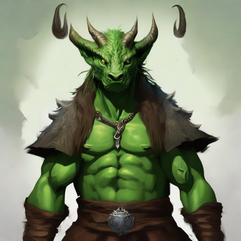 Create a dragonborn druid with green skin and horns. They are wearing natural, earthy clothes.