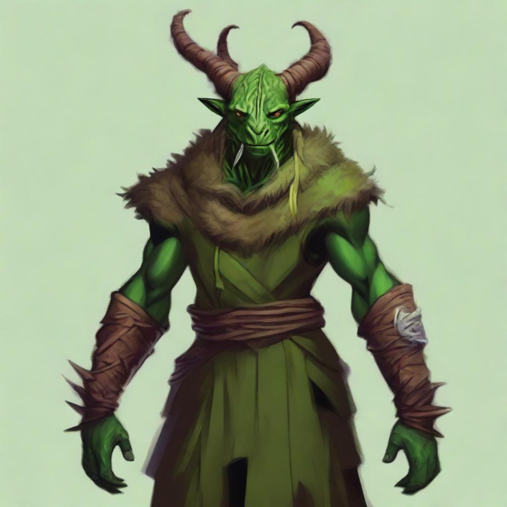 Create a dragonborn druid with green skin and horns. They are wearing natural, earthy clothes.