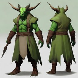 Create a dragonborn druid with green skin and horns. They are wearing natural, earthy clothes.