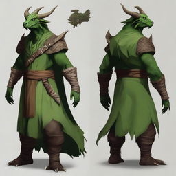 Create a dragonborn druid with green skin and horns. They are wearing natural, earthy clothes.