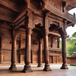 A richly detailed wooden structure that exemplifies cultural heritage, where the woodwork showcases intricate carvings and symbolic motifs, promoting a unique sense of tradition and history.