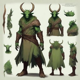 Create a fantasy RPG art of a druid dragonborn with green skin, horns, and garbed in natural, earthy clothing.