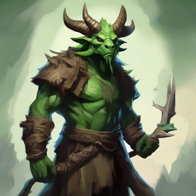 Create a fantasy RPG art of a druid dragonborn with green skin, horns, and garbed in natural, earthy clothing.