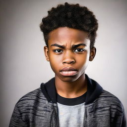 A portrait of a handsome black teenage boy displaying an expression of anger.