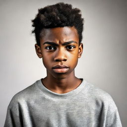 A portrait of a handsome black teenage boy displaying an expression of anger.